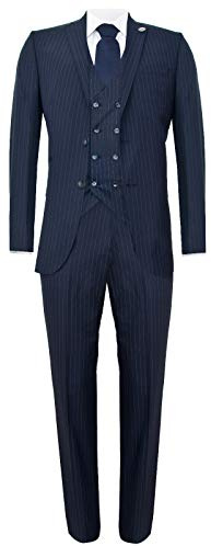 Mens 3 Piece Navy Blue Suit Gatsby 1920s Blinders Gangster Pinstripe Tailored Fit 50/44W