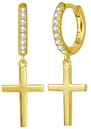 FANCIME 925 Sterling Silber mit Gelb Gold Plattiert Creolen Ohrringe Hängend Klein Ohrhänger mit Hochglanzpoliert Funkelnde Kreuz Anhänger Geschenk für Damen Mädchen Kinder - Größe: 30 * 10 mm