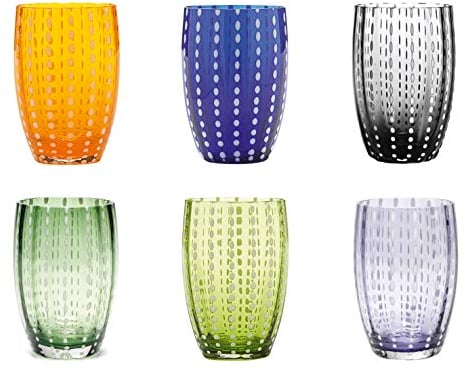 Zafferano Perle Tumbler en Verre - Verre Coloré Transparent Fait Main, cl 32 h 109mm d 71mm - Set 6 Pièces - Couleurs Assorties
