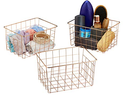 Relaxdays Drahtkorb 3er Set, rechteckig, Gitterkorb zur Aufbewahrung, HBT: 15,5 x 28 x 20 cm, Deko Metallkorb, kupfer