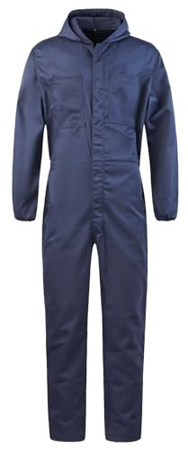 Yukirtiq Men's Lightweight Hooded Overall Hard Wearing Solid Color Mechanics Boiler Suit Workwear Hooded Boilersuit Coverall, Navy Blue, M