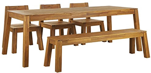 Beliani Gartenmöbel Set Akazienholz Hellbraun Tisch 210x90 cm mit Bank 3 Stühlen Livorno