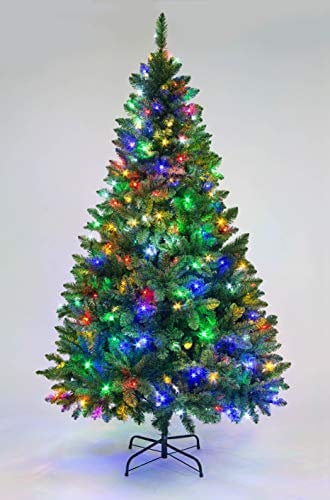 SHATCHI 4Ft-8Ft Pre-Lit Artificial Christmas Tree Deluxe Imperial Pine Pencil Point Tips Hinged Branches Xmas Home Decorations Metal Stand, Green W/Multicolour LEDs, 6ft