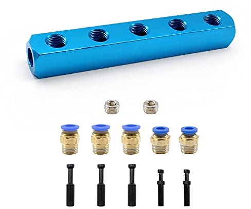 SRJQXH Blocco Collettore, 5 Modo 8 Porta Raccordo Collettore, Dotato di due da 6 mm e tre da 8 mm Connettore Pneumatico, Due Viti Senza Testa e Cinque Tappo del Tubo, per Utensili Pneumatici
