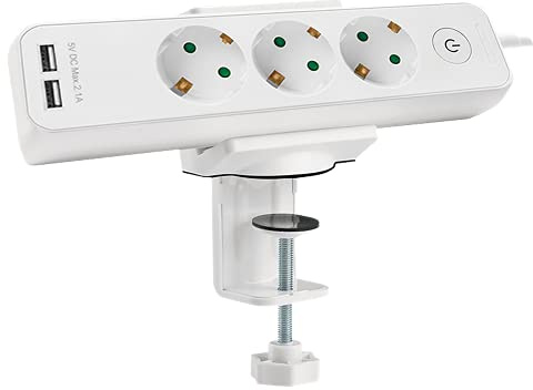 Faconet 3-Fach Stromleiste Steckdosenleiste mit 2X USB Ladefunktion inkl. Halterung Klemmleiste für Schreibtisch, Arbeitsplatte oder Schrank. Weiß
