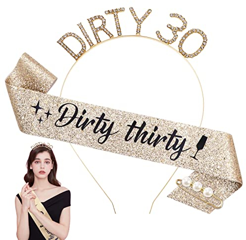 SOSPIRO Dirty Thirty 30. Geburtstag Kopfschmuck Mädchen, Gold Geburtstags Krone Schärpe Kristall Tiara für Frauen Birthday Crown Prinzessin Haar-Zusätze für Frauen Party Deko Accessoires