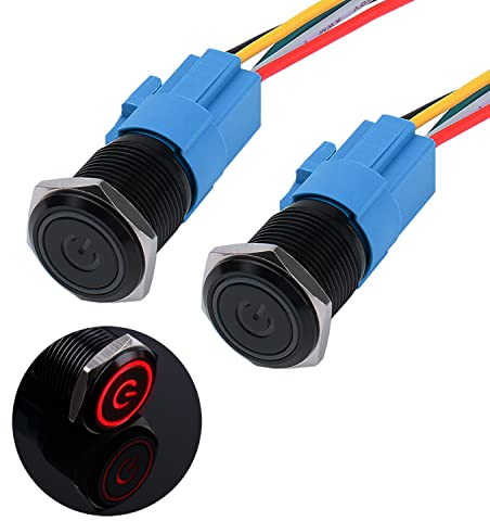 JIQI 2× 16mm Rastende wasserdichte Druckschalter 12V bis 24V 3A Latching Push Button mit LED Power Symbol einrastend Schalter aus Metall schwarz vorverdraht Drucktastenschalter mit IP66 1NO 1NC (Rot)