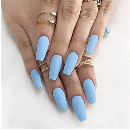 Bufenia Lot de 24 faux ongles mats givrés en acrylique à presser - Couleur pure - Longueur moyenne - Pour femmes et filles (bleu ciel)