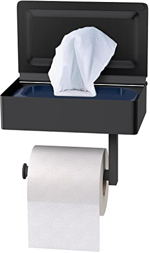 SAYONEYES Matte Black Toilet Paper Holder with Shelf and Storage – Premium Quality SUS304 Stainless Steel Flushable Wipes Dispenser – Screw and Adhesive Toilet Paper Holder for Bathroom (Large)