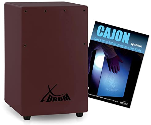 XDrum KC-37WR Kinder-Cajon Set - Kleine Cajon speziell für Kinder - Nur 36 cm hoch - Snare-Effekt durch stimmbare Gitarrensaiten - Spar-Set mit Cajon-Schule für Einsteiger - Weinrot