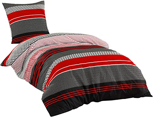 Sentidos Bettwäsche-Set 2-teilig Renforcé Baumwolle 135x 200 cm mit Reißverschluss Bett-Bezug, 80x80 cm Kissen-Bezug Bett-Garnitur Rot schwarz weiß (135x200 cm + 80x80 cm)