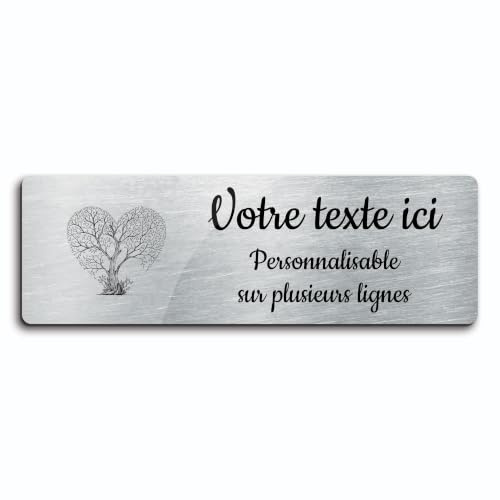 Graviertes Schild mit Baum und Herz, selbstklebend, rechteckig, 30 x 10 cm, personalisierbar, 1 bis 3 Zeilen, gebürstetes Aluminium
