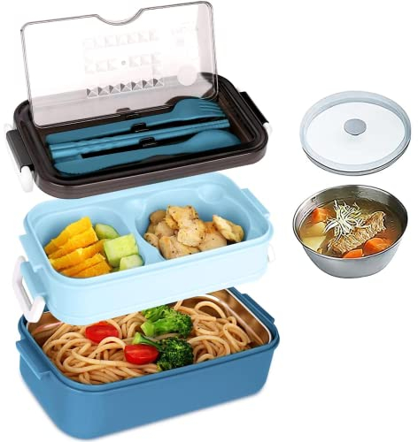MeloMall Fiambrera para Niños y Adultos, 1260ml Caja Bento a Prueba de Fugas, Bento Box con 3 Compartimentos y Juego de Cubiertos, Libre de BPA, Lonchera Comidas Aptos para Microondas y Lavavajillas