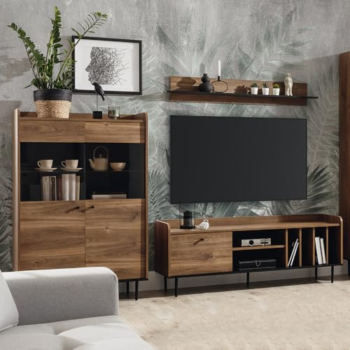 Lomadox Wohnzimmer Möbel Set Eiche Nb. im Vintage Stil 150 cm Lowboard, Wandboard und Highboard, B/H/T: ca. 255/180/40 cm