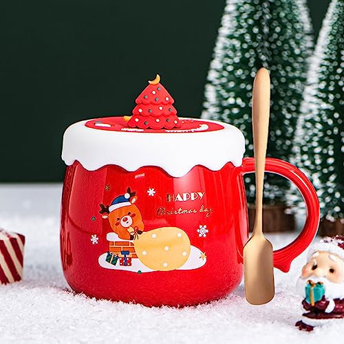 Xfeyaqlo 380ml Tasse de NoëL Tasse Père Noël Tasse Rennes, Tasse avec Couvercle et Cuillère Idéal comme Cadeau de Noël, Décoration, Céramique (Cerf Rouge)