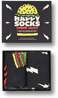 Happy Socks 2-Pack Burger Socken für Damen und Herren, lustige bunte schwarz crew Socken als Geschenk Größe 36-40