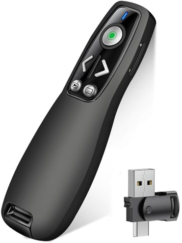 Control remoto inalámbrico 3 en 1 USB tipo C con luz verde para PowerPoint, PowerPoint Clicker con control de volumen PowerPoint Slide Advancer para Mac, computadora, laptop