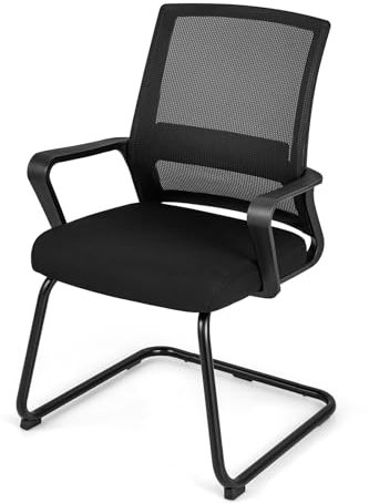 COSTWAY Meeting Office Chairs, Mid-Back Mesh Reception Chair with Lumbar Support and Sled Base, Padded Conference Armchairs Executive Computer Desk Chair (1)
