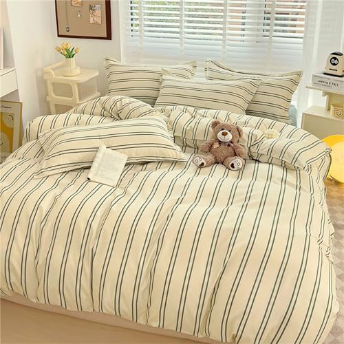 Odot Style Nordique Imprimé Rayures Parure de Lit 4 Pieces, Ensemble de Literie/Set de Housse de Couette avec Housses de Couettes, Drap Plat et Taies D'oreillers (220x240cm,Rayures Vertes)