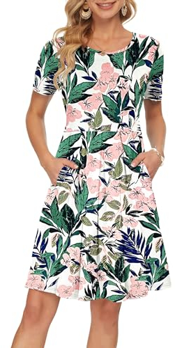 AUSELILY Robe décontractée à Manches Courtes Plissée avec Swing Fluides Poches Longueur Genou Fleurs Roses Vertes M