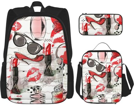 SUHNGE Schulrucksack-Set mit Dahlien-Blumendruck, 3-in-1-Büchertaschen-Set mit Lunchbox, Federmäppchen, Reise-Laptop, Tagesrucksäcke, Kosmetik-Lippenstift, Parfümkunst, Einheitsgröße