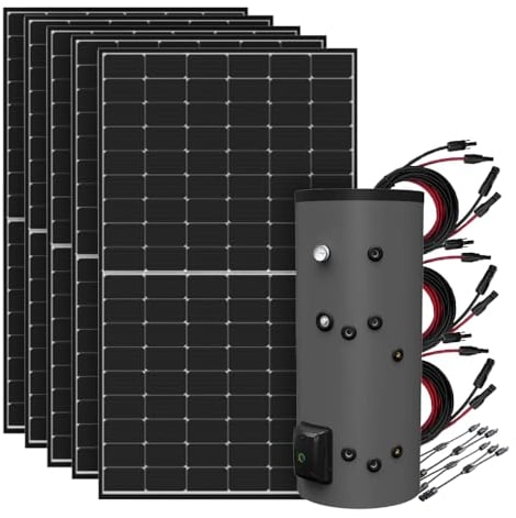 Offgridtec Sistema di scaldabagno solare da 2,25 kW con caldaia ibrida Fothermo da 200 l, Plug & Play, backup fino a 1800 W, temperatura massima 65 °C, cinque pannelli solari bifacciali