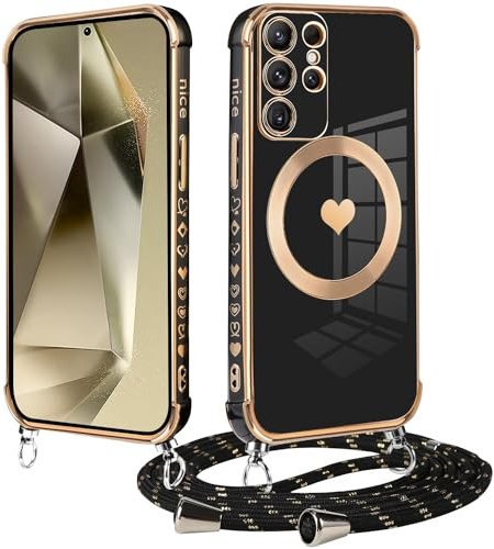 Keteen Coque Magnétique pour Samsung Galaxy S24 Ultra avec Cordon, Compatible avec MagSafe, Motif Coeur d'amour Ultra Fine Collier Réglable Housse Silicone Antichoc Case pour Samsung S24 Ultra-Noir