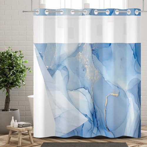Ttincceer Rideau de Douche Bleu sans Crochet avec Ensemble de Doublure encliquetable Encre Bleue Texture marbre Rideaux de Douche sans Crochet Rideau de Salle de Bain Double Couche 180x188cm