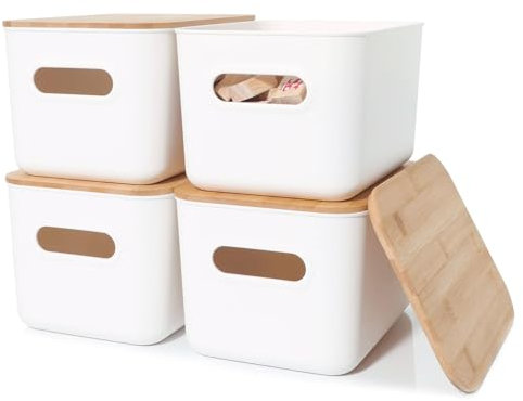 WOPPLXY 4PCS White Storage Boxes with Bamboo Lid - 6.5L Stackable Plastic Storage Box with Lids Durable - White Plastic Storage Containers with Lid for Desktop, Bathroom, Kitchen, Home and Office