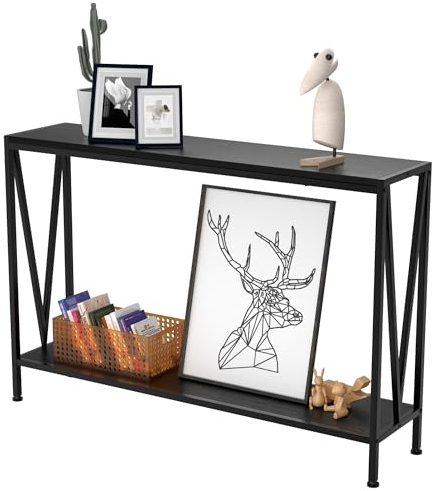 Konsolentisch Holz und Metall | Schmal, 110T*25B*76H cm Mit Stauraum, 2 Ebenen Regal - Beistelltisch für Eingangsbereich, Wohnzimmer, Schwarz