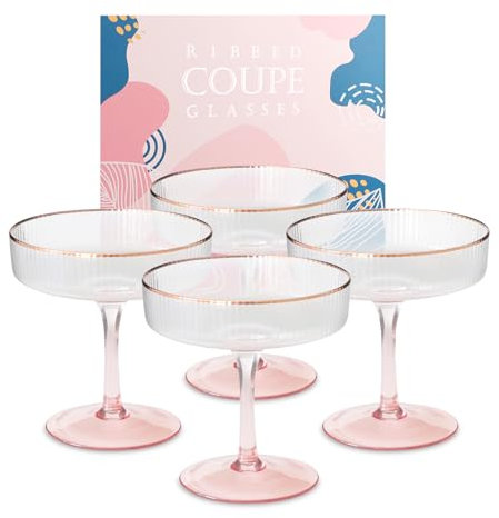Xiholeruf Blush Coupe Glasses Set of 4, 8oz Rose Gold Rims Martini Glasses Set of 4, Champagne Glasses in Gifting Box, Pink Martini Glasses, Wine Glasses Cocktail Glasses, Vintage Coupe Glasses