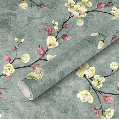 Gohytal Papel pintado autoadhesivo con flores, 45 x 300 cm, vintage, verde, hoja para muebles, autoadhesivo, resistente al agua, para muebles, dormitorio, habitación infantil, cocina