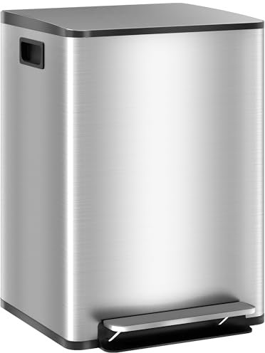HOMCOM Mülleimer für die Küche, 2 x 20 l, Treteimer, 2 Fächer, Edelstahl mit Soft-Close-Deckel, abnehmbare Eimer, 41,8 x 36,7 x 58 cm, silberfarben