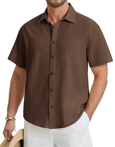 HISDERN Mens Linen Shirts Short Sleeve Smart Casual Brown Shirt Button Down Summer Beach Shirt for Men Adult Lightweight Spread Collar 2XL