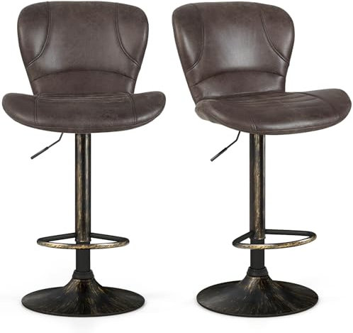 TANGZON Bar Stools Set of 2, Height Adjustable Swivel Bar Chairs with Footrest & Large Base, PU Leather Upholstered Breakfast Dining Counter Chairs for Kitchen Pub Bistro (Dark Brown, 47x56x113cm)