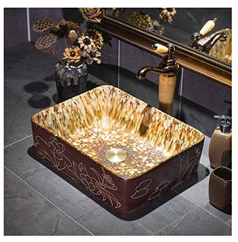 ASumPio Lavabo De Baño Fregadero De Recipientes Lavabo De Encimera, Fregadero De Recipiente De Cerámica De Porcelana Rectángulo Vintage Fregaderos De Recipiente De Baño Fregadero,