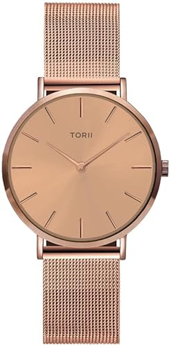 TORII Damenuhr Roségold Edelstahl - rund Quarz R34RS.RR Milanaise-Armband Strichindizes wasserdicht 50 m