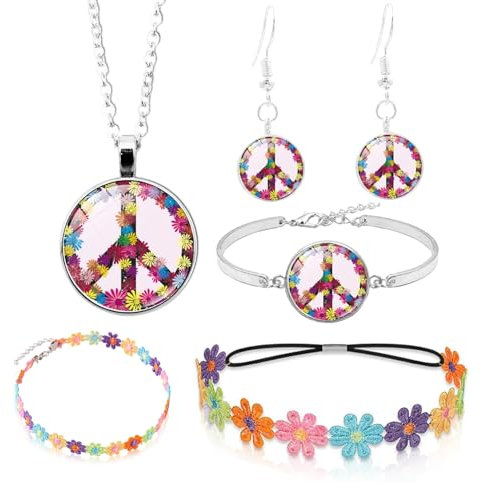 PASLFC Hippie Kostüm Set,5 Stück Hippie Kostüm Damen Accessoires,70er hippie flower power accessoires,Peace Kette Und Ohrring,60er 70er Jahre Bekleidung,Motto Party Halloween Fasching Karneval