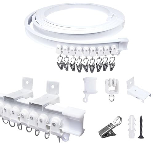 FOGAWA 4m Vorhangschiene wandmontage mit 32Vorhangklammern, Wandvorhangschiene, Flexible Gardinenschiene, Wandschiene für Duschvorhangstange, Raumteiler, Vorhangschienensystem mit Wandhalterung Weiß