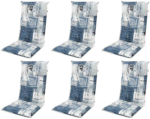 Gardissimo 6er Set Hochlehner 2112 blau mit Schrift, Gartenstuhlauflagen 120 x 50 x 8 cm Auflagen Polsterauflagen UV-Lichtecht Stuhlauflagen Sitzauflagen