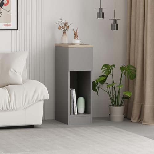 Pantanal Slim Wood Bedside Table Bedroom Nightstand with Shelf and Drawer, Narrow Bathroom Small Floor Storage Cabinet Living Room End Table Sofa Side Table (grey#4)