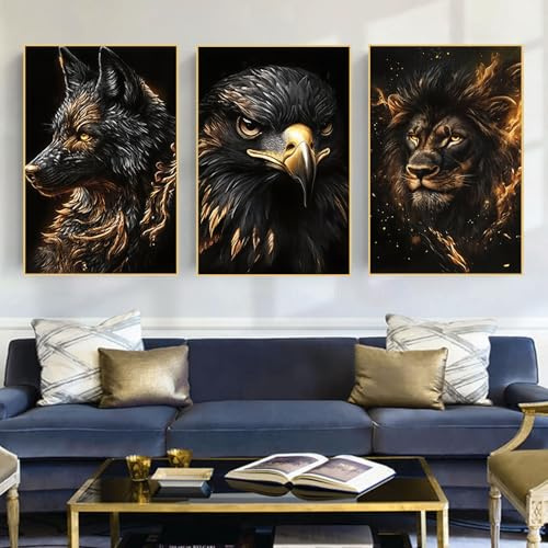 Wilde tiere Bilder Schwarz Gold Tier Poster, Löwe Bilder Moderne Wolf und Adler Kunst Leinwand für Wohnzimmer Wohnkultur Dekor Kein Rahmen (Schwarzes Gold-B, 50x70cm*3, Ungerahmt)