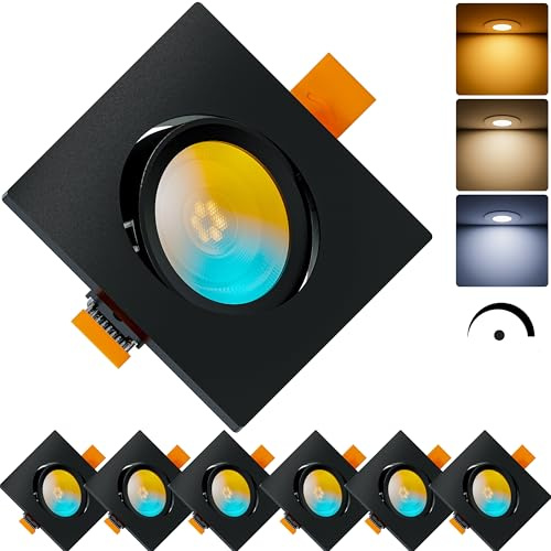 MATO 6x LED Einbaustrahler Eckig 230V Dimmbar 5W - 30° Schwenkbare, flache Spots 75mm Lochmaß - IP20 Einbauleuchten Deckenspots für Innenräume - Einbauspots Lichtfarbe umschaltbar, CRI 90+, 510lm