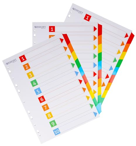 Westcott Register für Ordner A4 (3er-Set) | 3 x Trennblätter für Din A4 Ordner | 10 beschriftbare Tabs in 5 Farben als Ordner Organizer | Robuste 160g/m² mit Eurolochung | E-1733311 00