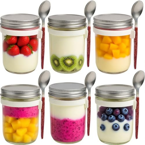 OBDKCAN Overnight Oats Gläser mit Deckel Löffel,Gläser Overnight Oats Glas Müslibecher mit Messmarken Mason Jar Leak Proof Joghurtbecher to go Wiederverwendbare (6-teilig Oats Gläser)