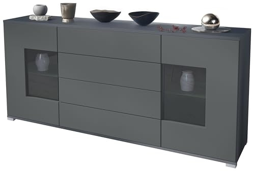 Vladon Sideboard Grömitz V2, Kommode mit 2 großen Türen und 4 Schubladen, Anthrazit matt/Graphit Seidenmatt (166,5 x 75,5 x 35)