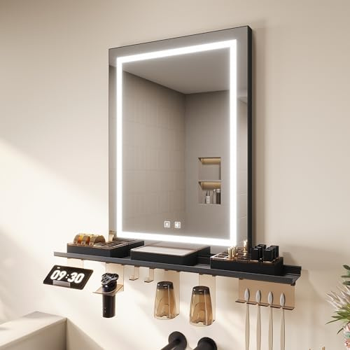 SONNI LED Badspiegel 50x70cm + 80cm Ablage, Touch spiegel 3 Lichtfarben, Anti-Beschlag & Memory, Ablage mit Handyhalter + Haken + Zahnbürstenhalter + Becherhalter + Rasiererhalter + Aufbewahrungsboxen