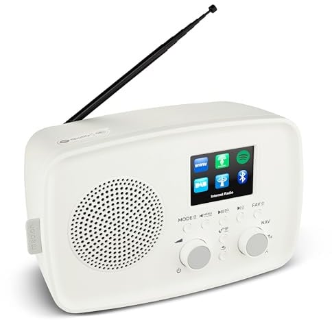MEDION Internetradio mit DAB+ Life IRE-1 (WLAN, DAB Plus UKW Radio, Bluetooth, EQ, Tropfwasserschutz, Teleskopantenne, Spotify Connect, Wecker, Schlummerfunktion, Einstellbarer Display-Dimmer) weiß