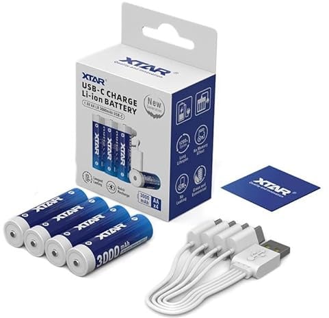 XTAR Wiederaufladbare AA-Batterien, USB-C 1,5 V, 3000 mAh, Lithium-Ionen – Langlebiger Akku für angeschlossene Schlösser, lineare Entladungskurve LR 3000