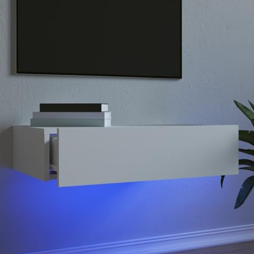 Holamys Meuble TV avec lumières LED - Blanc - 60 x 35 x 15,5 cm - En bois - Montage mural - Design moderne - Meuble de salon et chambre à coucher